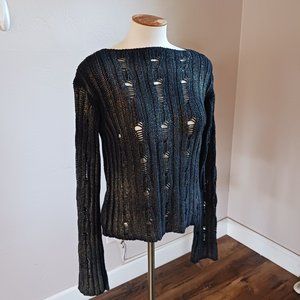 MAX & CO Black and Metallic Chunky Distressed Knit Long Sleeve Boat Neck Sweater